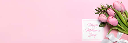 Greeting card for Mother's Day, gift and beautiful tulips on light pink background with space for...