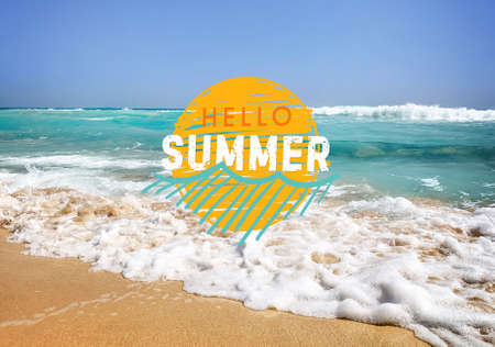 Sandy beach at sea resort. hello summer