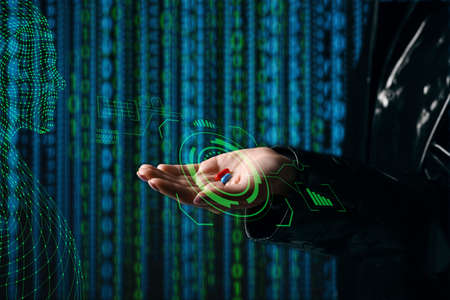 Woman with blue and red pills on dark background. concept of choiceの写真素材