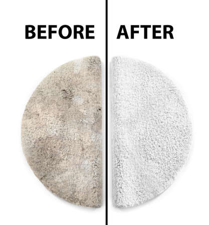 Soft carpet before and after dry-cleaning on white background