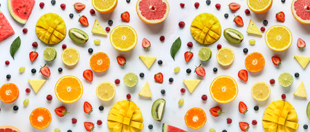 Sweet tropical fruits and berries on light background