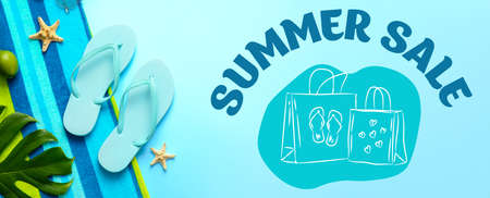 Flip-flops, tropical leaf and starfish on blue background. banner for summer sale