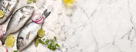 Raw dorado fish with ice, lime and spices on light background with space for text