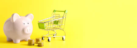 Piggy bank with coins and shopping cart on yellow background with space for textの写真素材