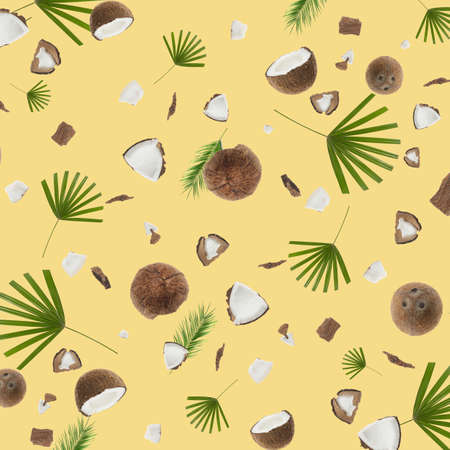 Many coconuts and tropical leaves on beige background. texture for designの写真素材