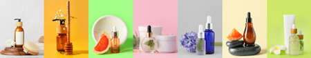 Set of natural essential oils on colorful backgroundの写真素材