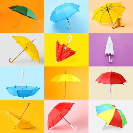 Set of many umbrellas on colorful backgroundの写真素材