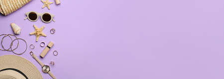 Set of beach accessories and cosmetics on lilac background with space for text