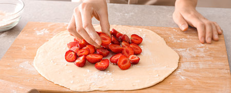Woman preparing strawberry galette on table in kitchenの写真素材