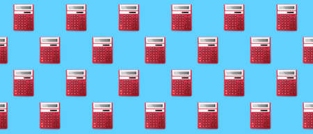Many red calculators on blue background. pattern for design