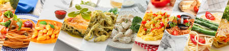 Set of tasty traditional Italian food, closeup