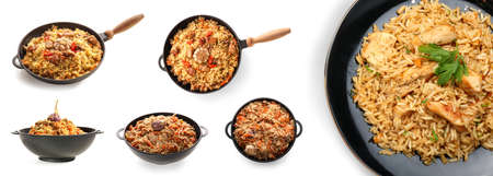 Set of frying pans with tasty pilaf on white background