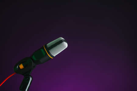 Stand with microphone on dark color background, closeupの写真素材