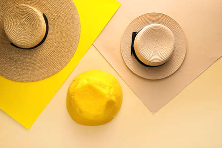 Different hats on color backgroundの写真素材