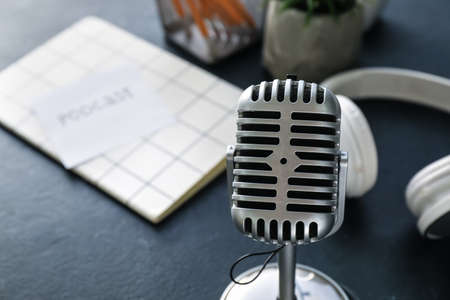 Modern microphone on dark background, closeupの写真素材