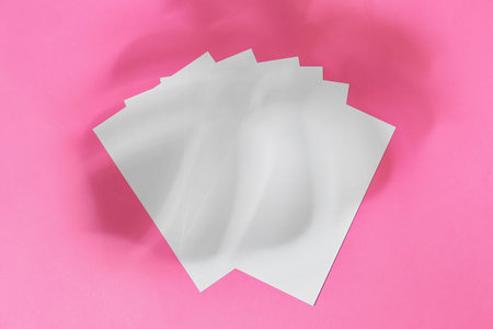 Many blank sheets of paper with palm leaf shadow on pink background