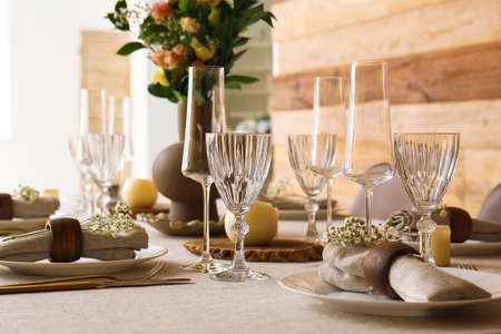 Beautiful table setting for wedding celebration in dining room