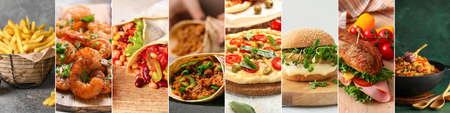 Set of tasty traditional fast food, closeup