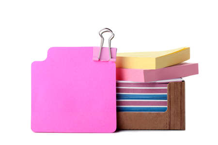Box with sticky notes on white background