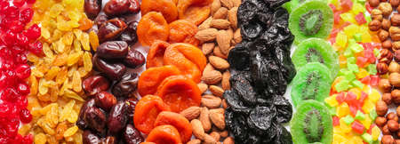 Different dried fruits and nuts, top viewの写真素材