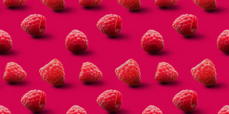 Many ripe raspberries on red background. pattern for designの写真素材