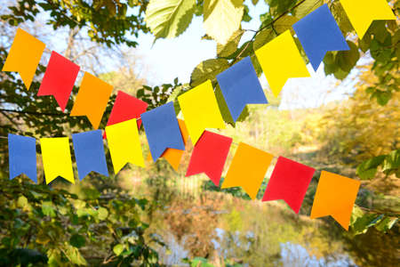 Colorful festive bunting flags in green park