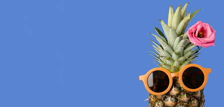 Funny pineapple with sunglasses and flower on blue background with space for text