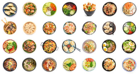 Set of tasty Chinese food on white background, top viewの写真素材