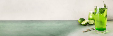 Glass of fresh mojito on table. Banner designの写真素材