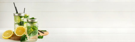 Jars of fresh mojito on light background with space for textの写真素材