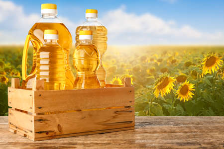 Box with bottles of oil on wooden table in sunflower fieldの写真素材