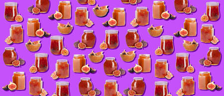 Many jars and bowls of sweet fig jam on violet background. pattern for design