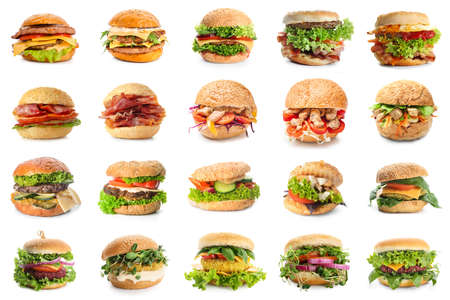 Set of many different tasty burgers isolated on whiteの写真素材