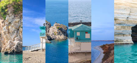 Summer collage with beautiful landscapes of sea resorts and lifeguard postsの写真素材