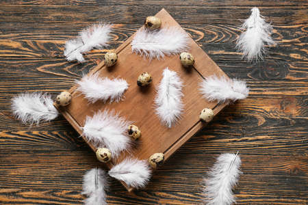 Board with beautiful white feathers and quail eggs on wooden background