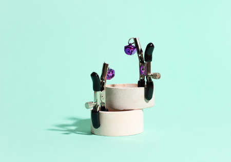 Nipple clamps from sex shop on color background