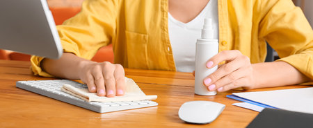Young woman cleaning computer at home, closeupの写真素材