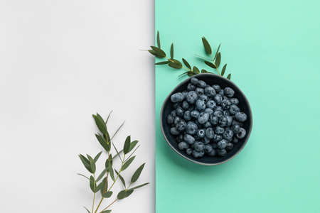 Bowl of ripe blueberry on color background