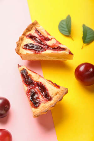 Tasty plum pie on color backgroundの写真素材