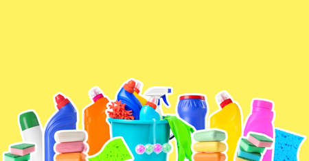 Collage with cleaning supplies on yellow background