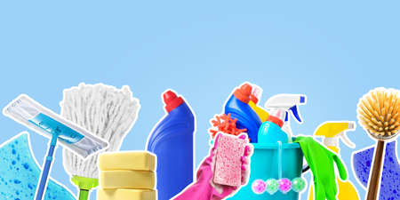 Collage with cleaning supplies on light blue background
