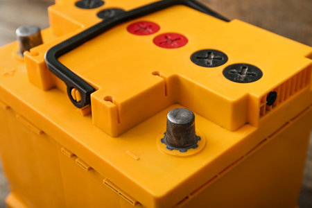 Modern car battery on table, closeupの写真素材