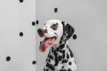 Funny Dalmatian dog near color wall, closeupの写真素材