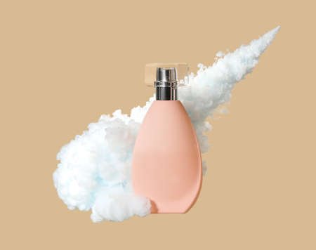 Perfume bottle in light smoke on beige background