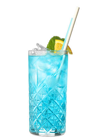 Glass of Blue Lagoon cocktail on white backgroundの写真素材
