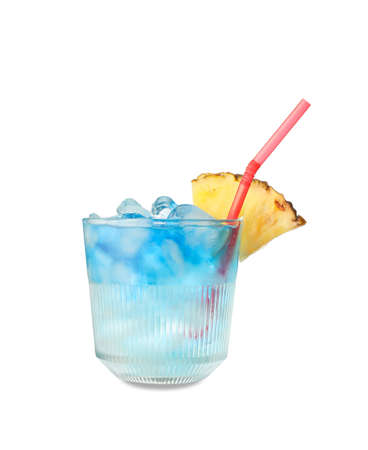 Glass of Blue Lagoon cocktail on white backgroundの写真素材