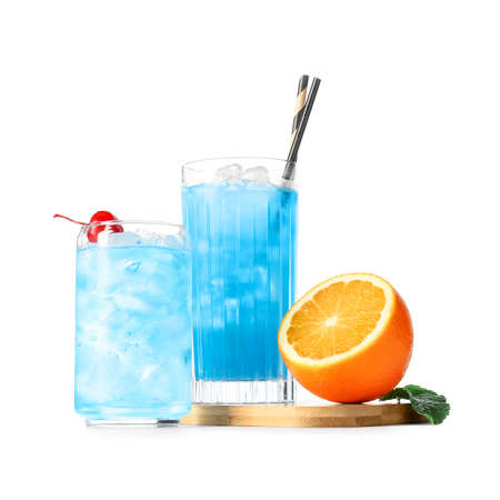 Glass of Blue Lagoon cocktail on white backgroundの写真素材