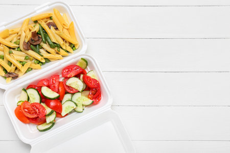 Takeaway boxes with pasta and fresh salad on white wooden background