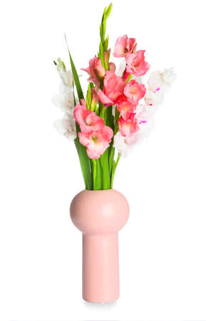 Vase with gladiolus flowers on white backgroundの写真素材