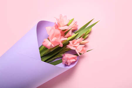 Bouquet of gorgeous gladiolus flowers on color backgroundの写真素材